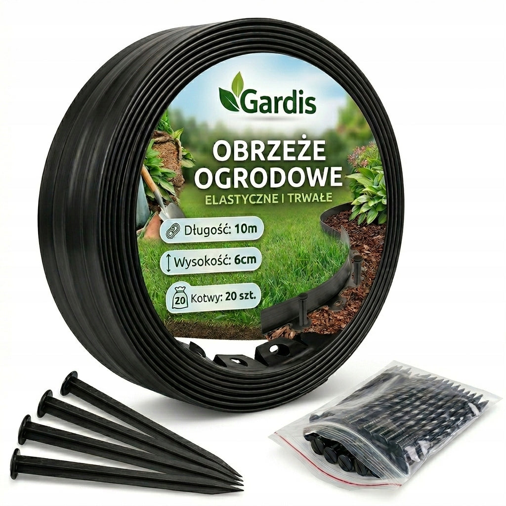 GARDEN EDGING 10m black 6cm lawn border high plastic + anchors