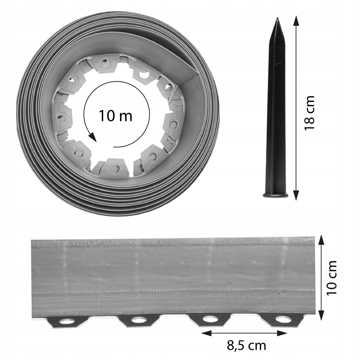 GARDEN EDGING 10m grey 10cm HIGH lawn plastic roll + anchors Manufacturer code szary 10/10