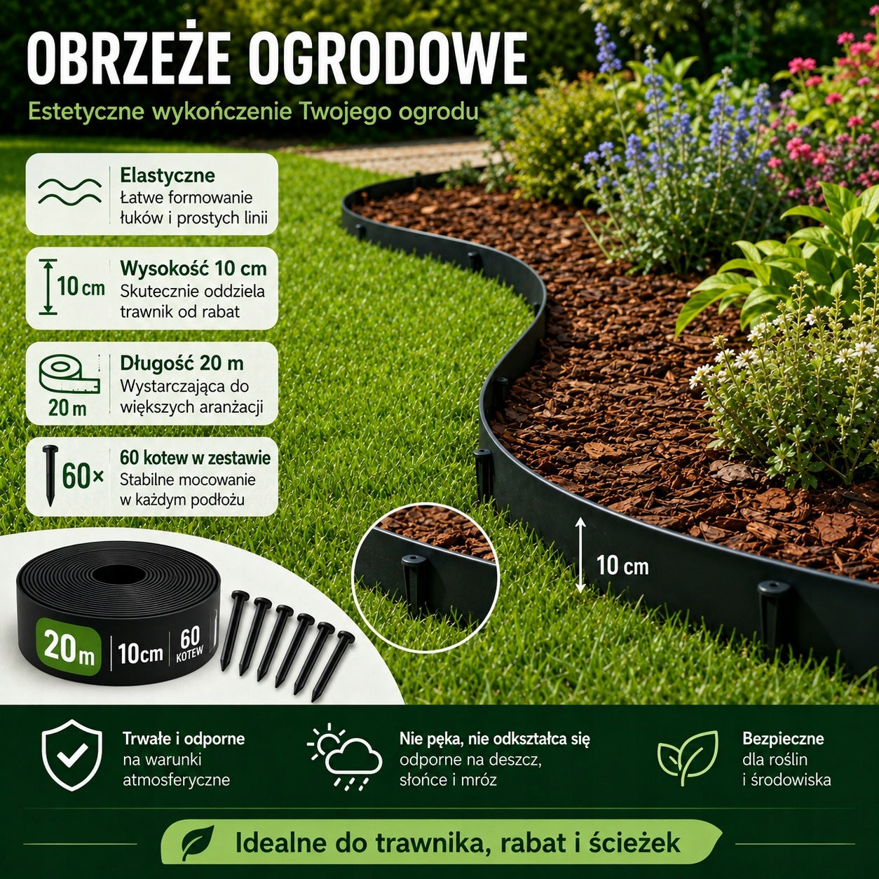GARDEN EDGING 20m 10cm FOR LAWN FLEXIBLE DISCOUNT 60 ANCHORS BLACK Manufacturer code Obrzeże ogrodowe 10cm 10m GERNO