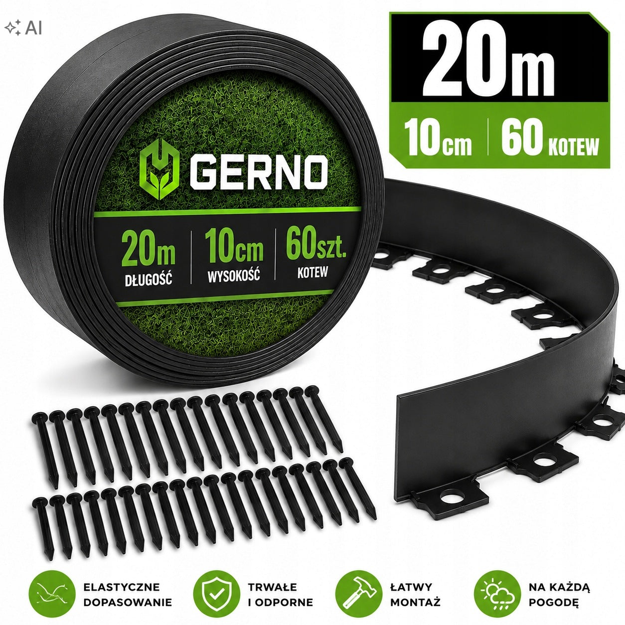 GARDEN EDGING 20m 10cm FOR LAWN FLEXIBLE DISCOUNT 60 ANCHORS BLACK Packaging status original