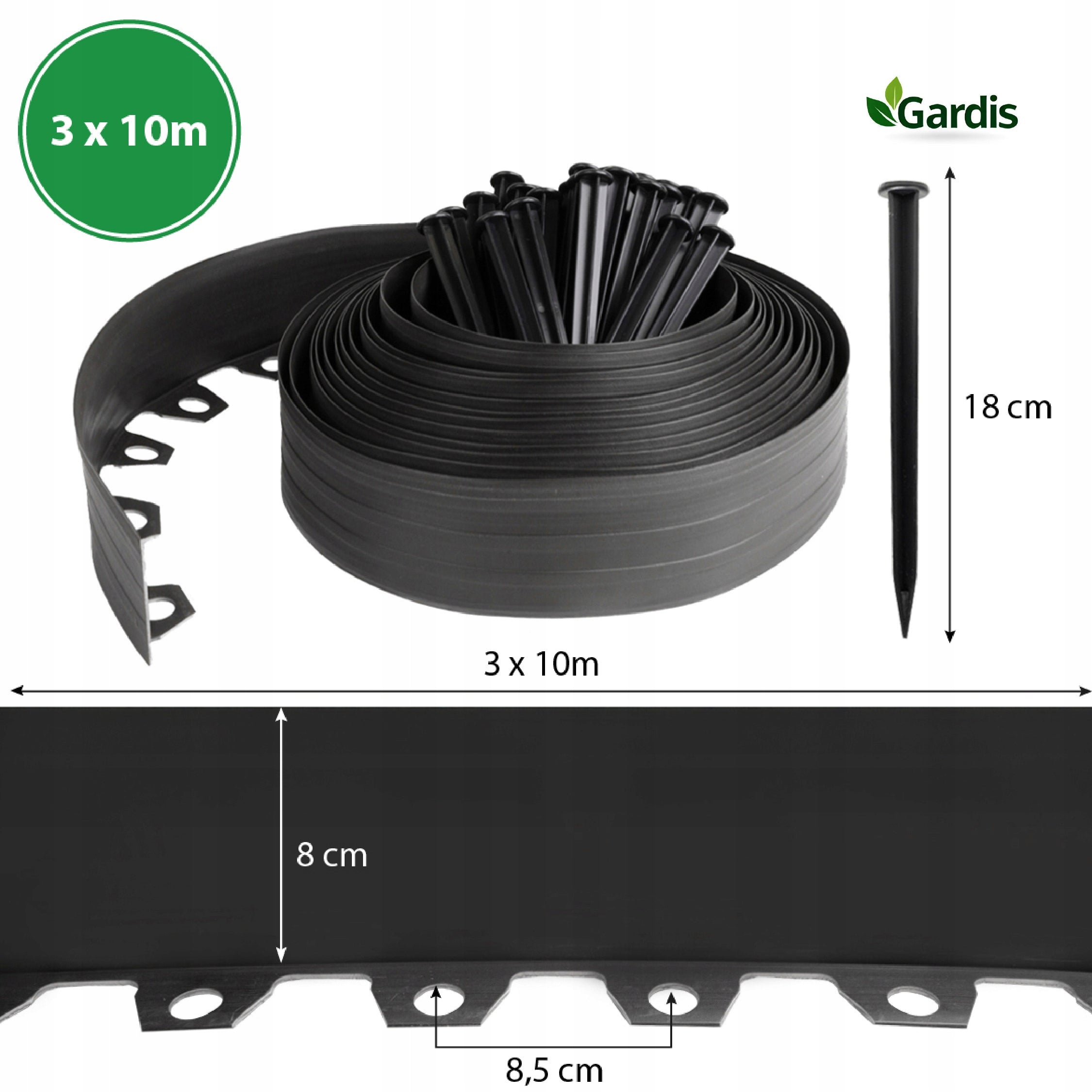 GARDEN EDGING 30m black 8cm lawn border high plastic + anchors Manufacturer code 30/8 czarne