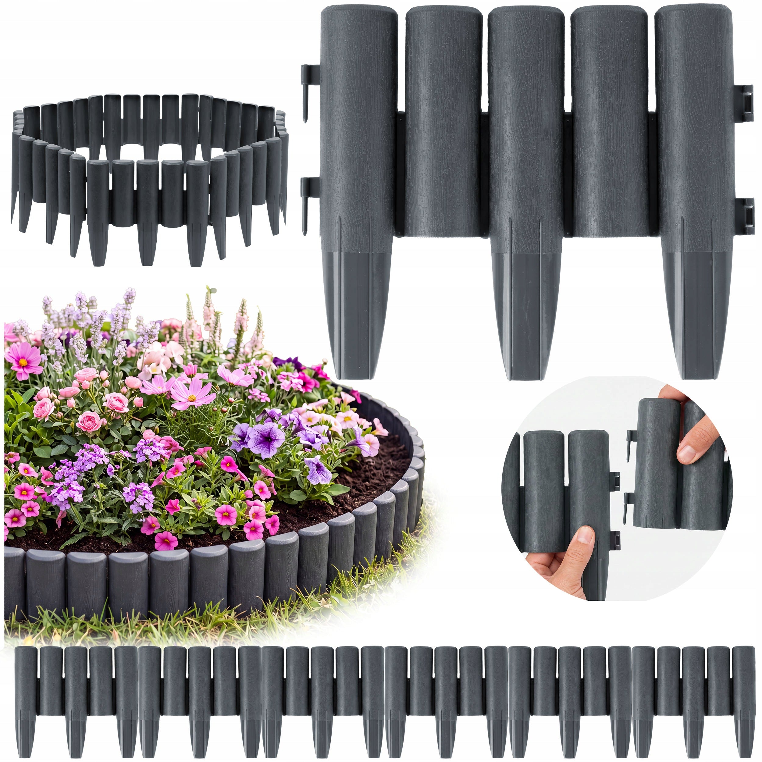 GARDEN EDGING LAWN PALISADE GARDEN FENCE BORDER GREY 220cm