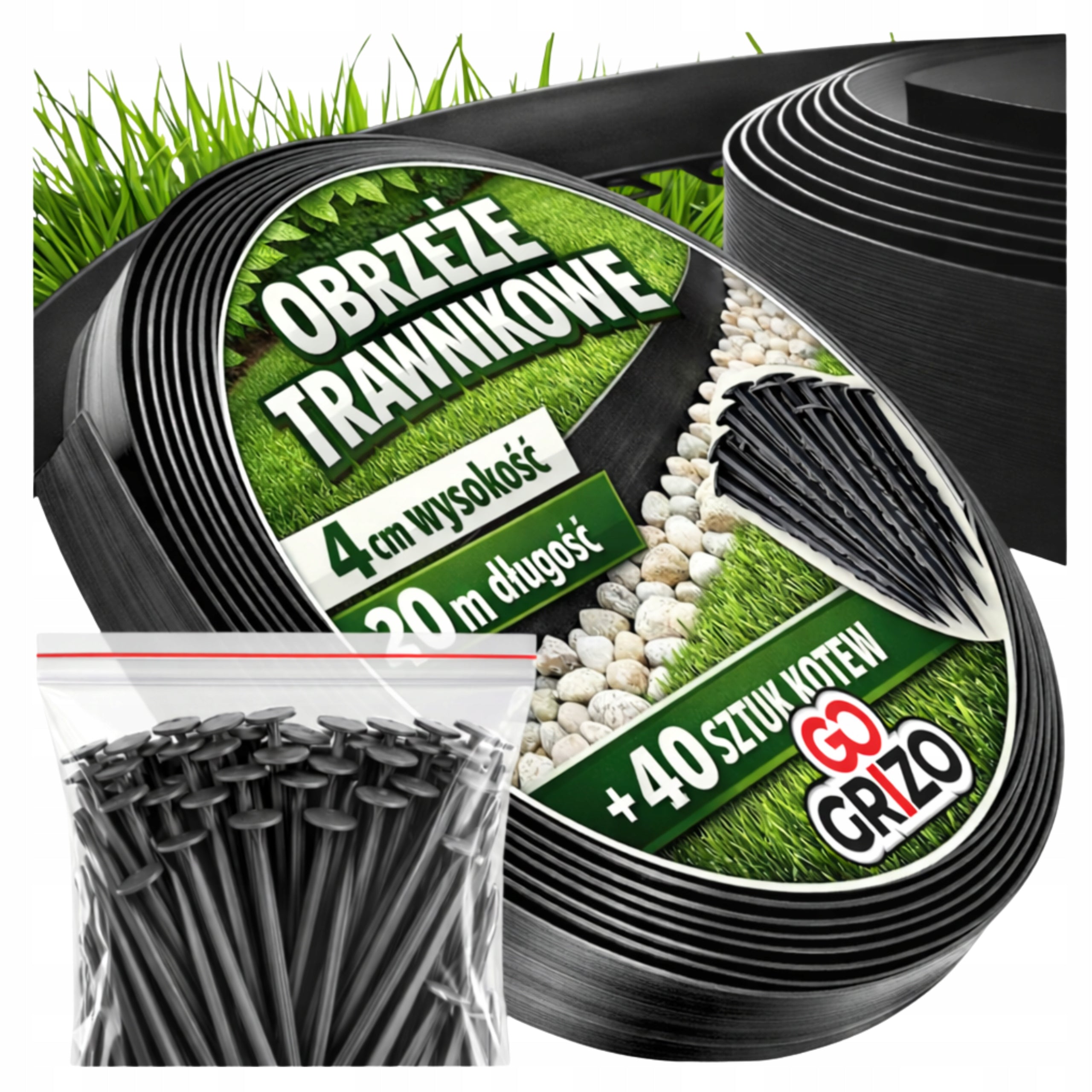 GARDEN EDGING PLASTIC LAWN BLACK AESTHETIC 4cm 20m + ANCHORS