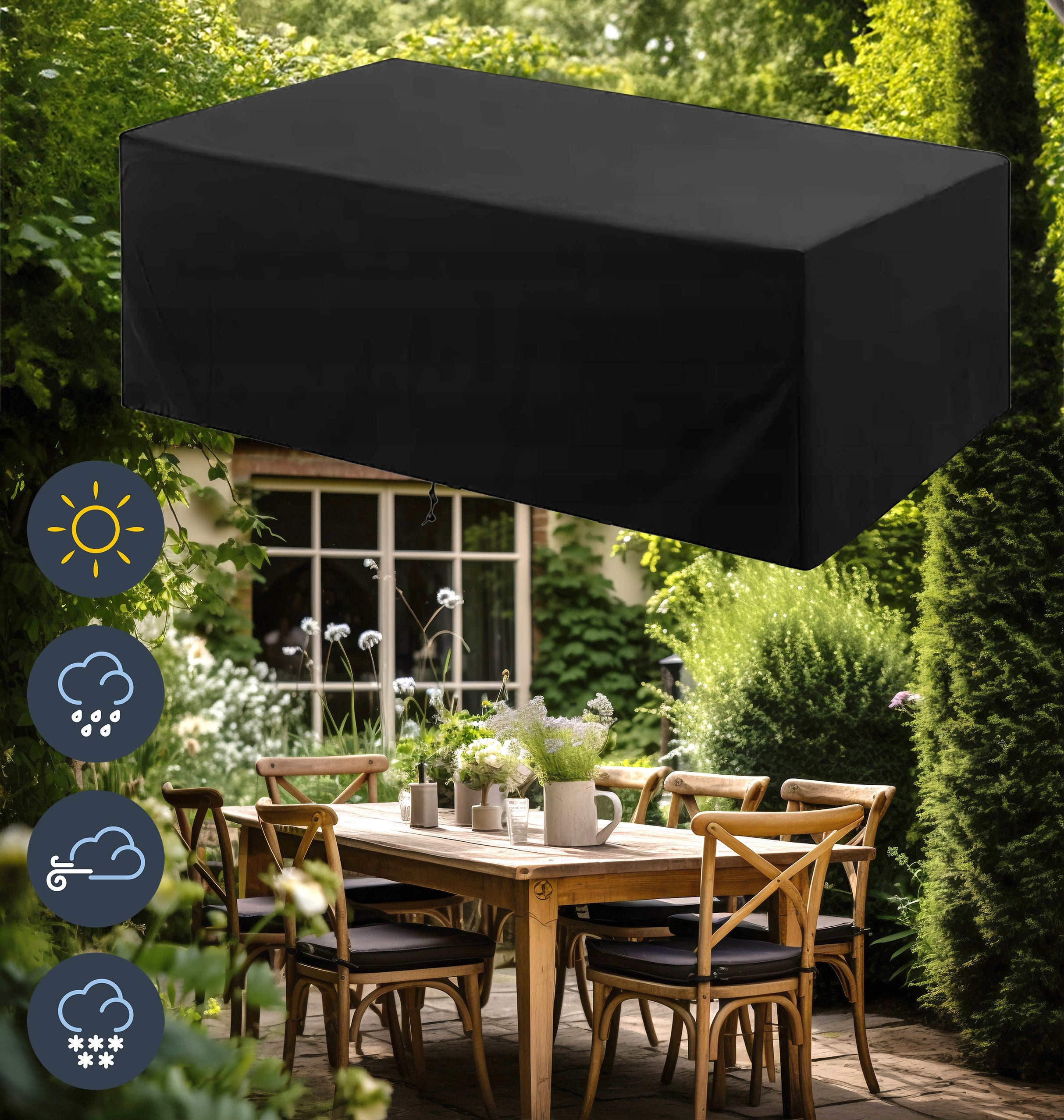GARDEN FURNITURE COVER CHAIRS TABLE 215 x 135 x 75 cm BLACK STRONG Manufacturer code Pokrowiec na meble ogrodowe wodoodporny 36139