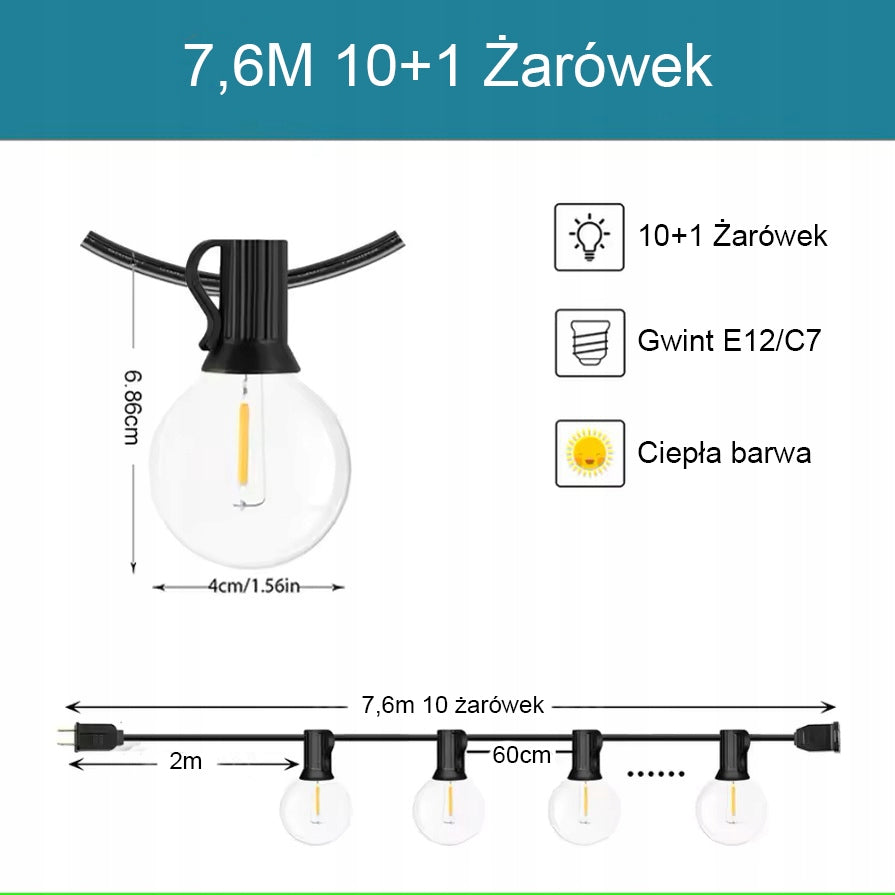 GARDEN GARLAND LIGHT BULBS OUTDOOR CHAIN WATERPROOF Manufacturer code ŁAŃCUCH NA ŻARÓWKI TARAS BALKON WODOSZCZELNY