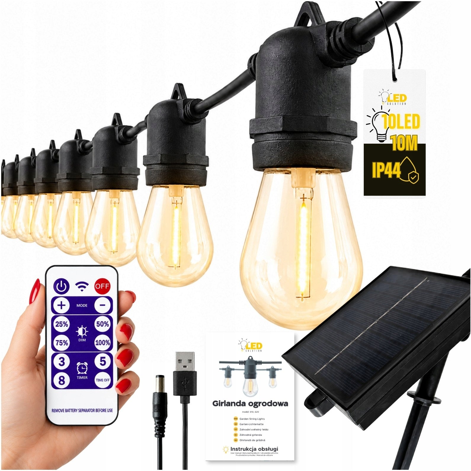 GARDEN GARLAND Led Solution Solar 10m 10 bulbs E27 White Warm