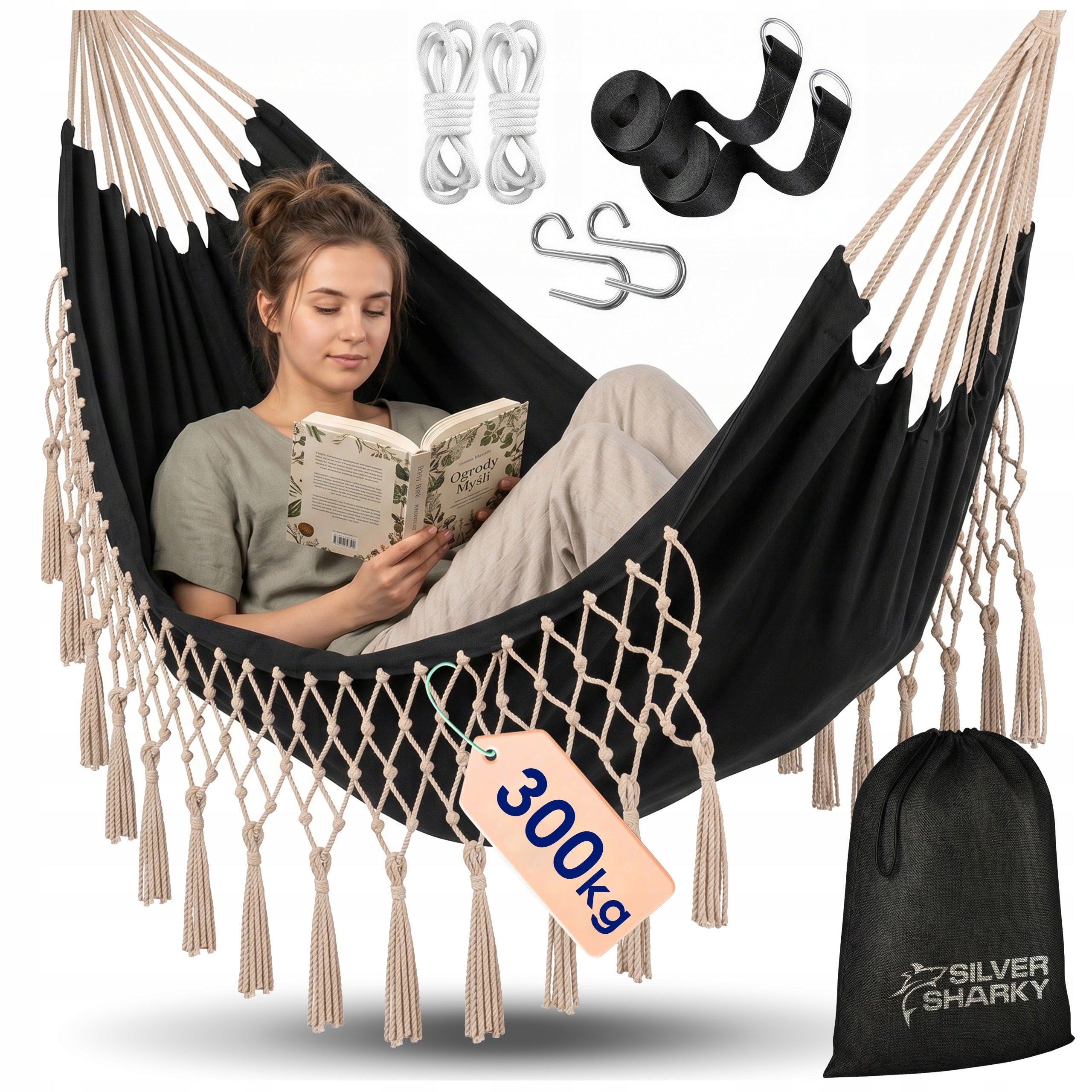 GARDEN HAMMOCK DOUBLE LARGE ROPE STRENGTHENING STRONG BOHO 300KG + BAG
