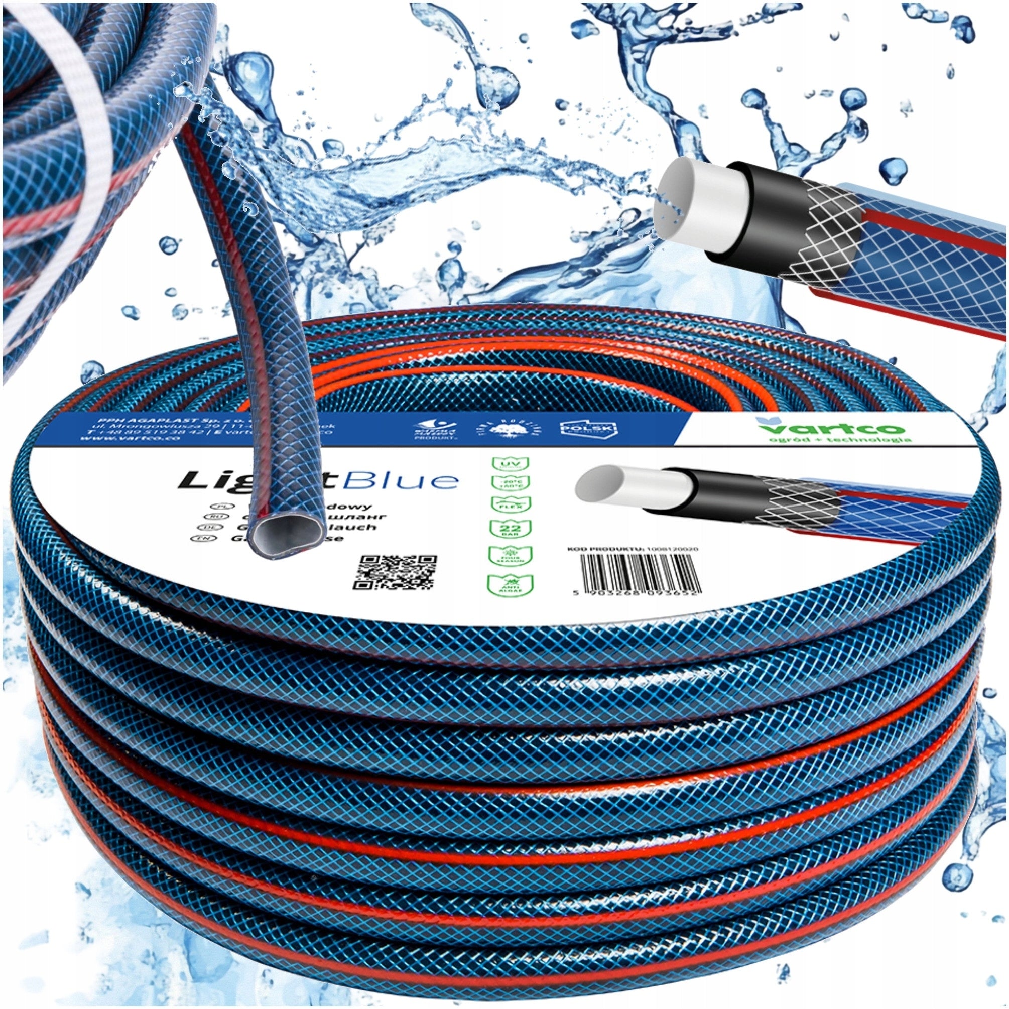 GARDEN HOSE 4-PLY 22BAR 1/2" INCH 100M VARTCO POLISH PRODUCT LIGHT