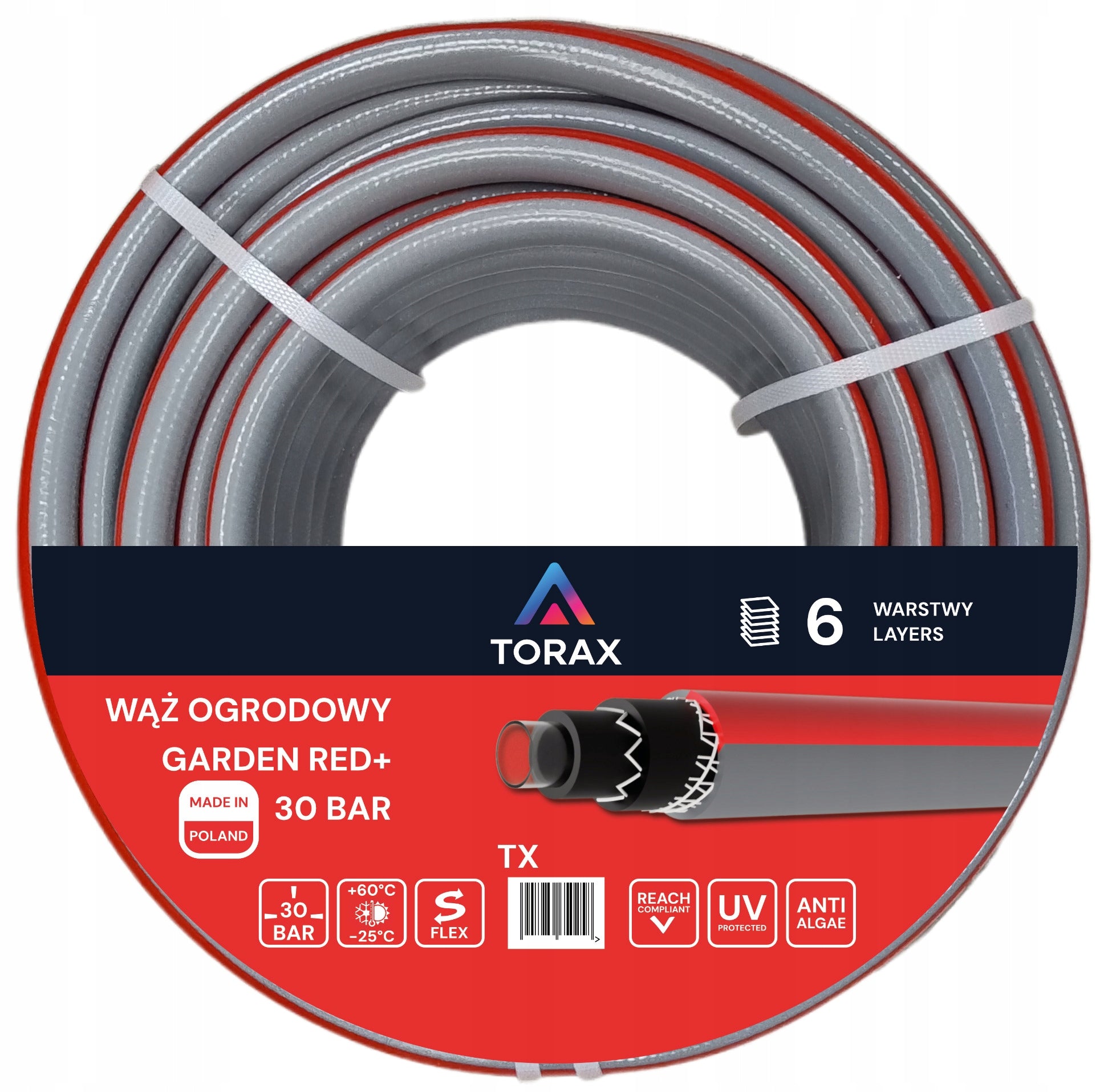 GARDEN HOSE REINFORCED 6-PLY 30BAR 3/4'' 30M GARDEN RED POLISH PRODUCT Manufacturer code TX2019