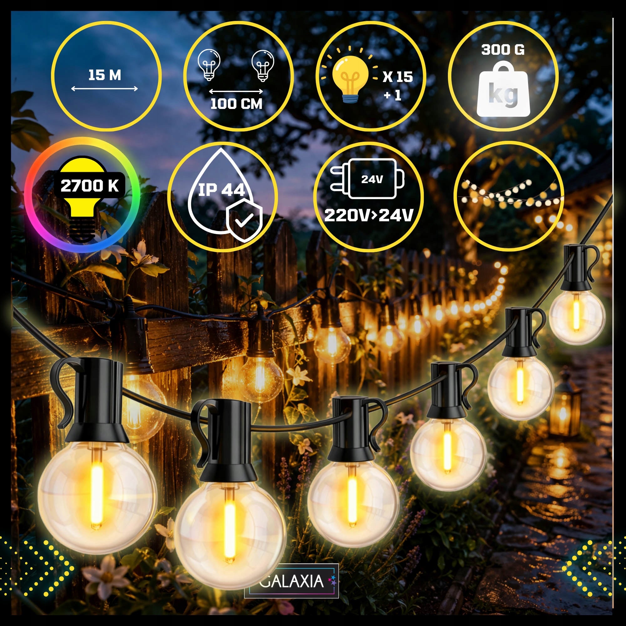 GARDEN LIGHT GARLAND 15m 15 LED Garden Lights 230v Outdoor Manufacturer code Girlanda ogrdowa świetlna 15m E12 LED