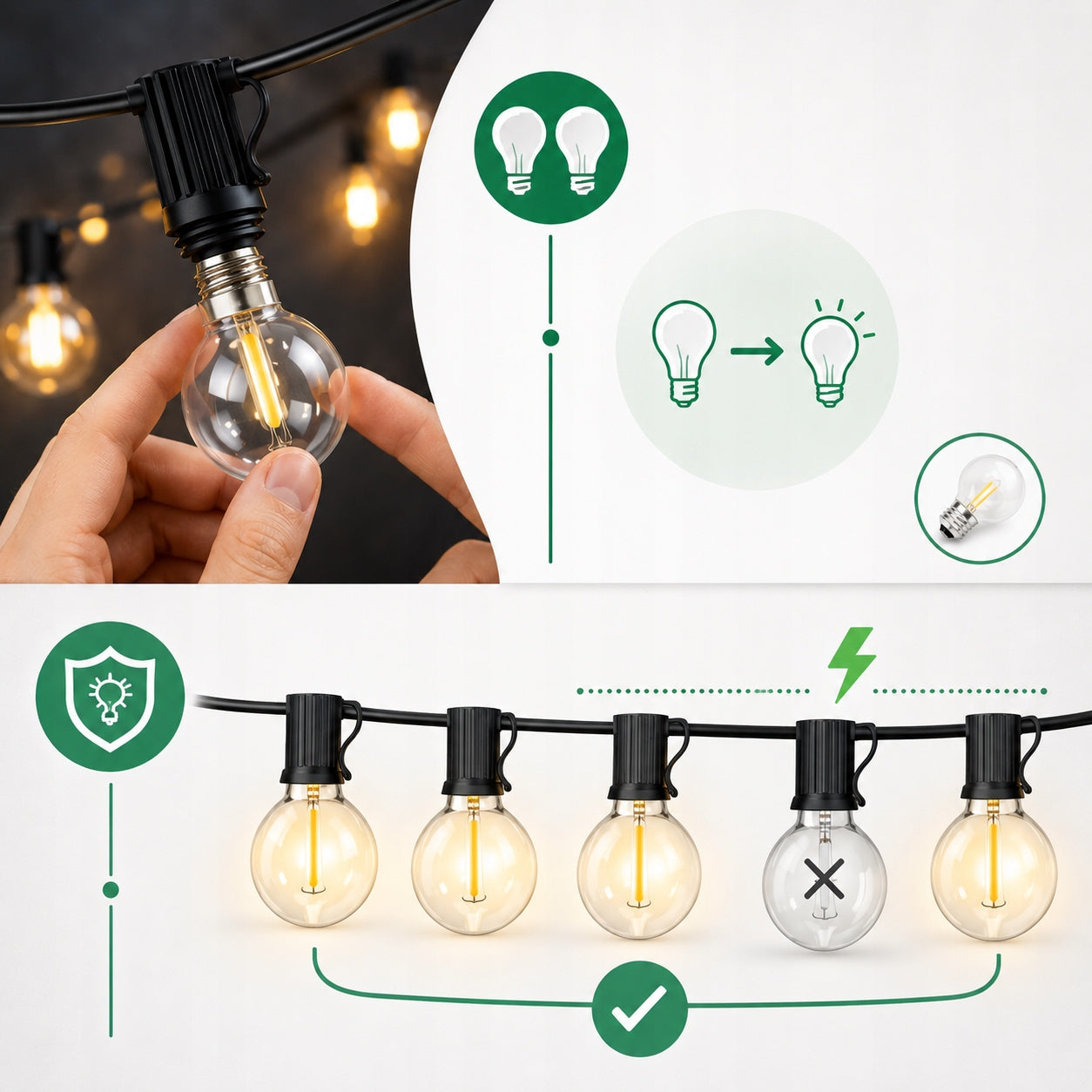 GARDEN LIGHT GARLAND 20M 50 LED BULB 2700K LIGHTS WATERPROOF 230V Power supply mains