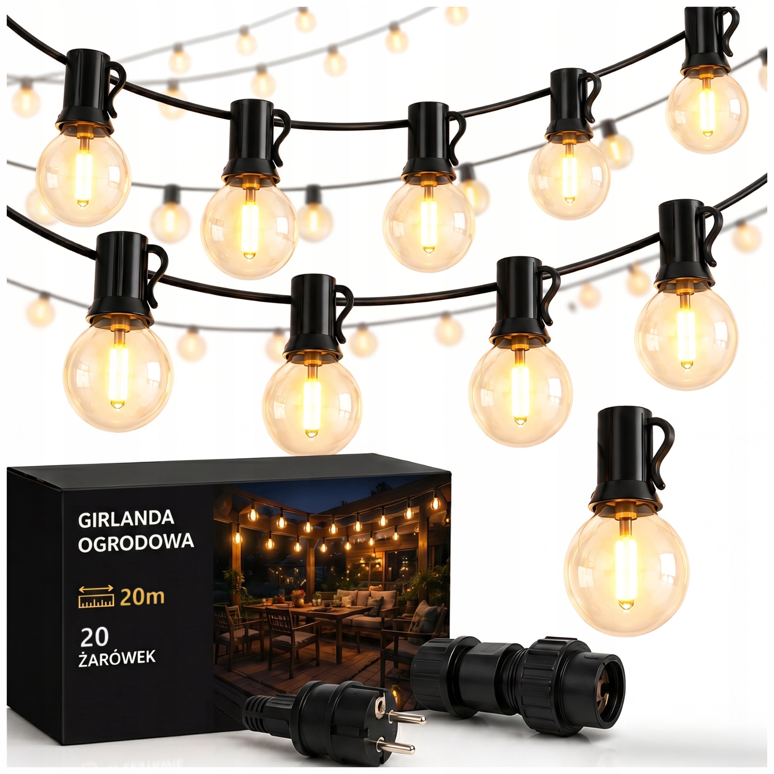 GARDEN LIGHT GARLAND 20m FOR BALCONY LIGHT BULBS 20 LED 1W HOOKS