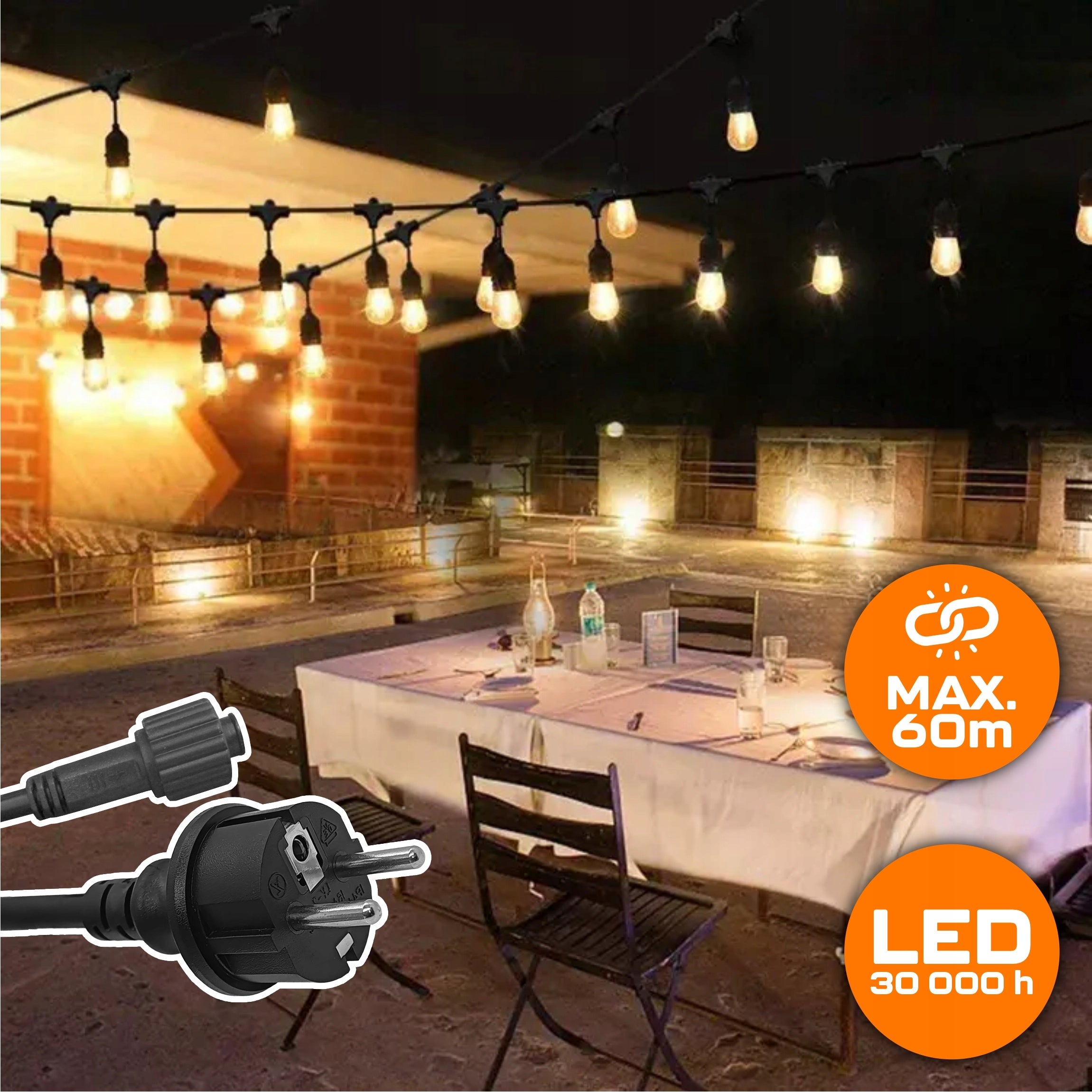GARDEN LIGHT GARLAND Outdoor 10M Bulbs 10+1 LED Lights Up to 60m Brand EVI