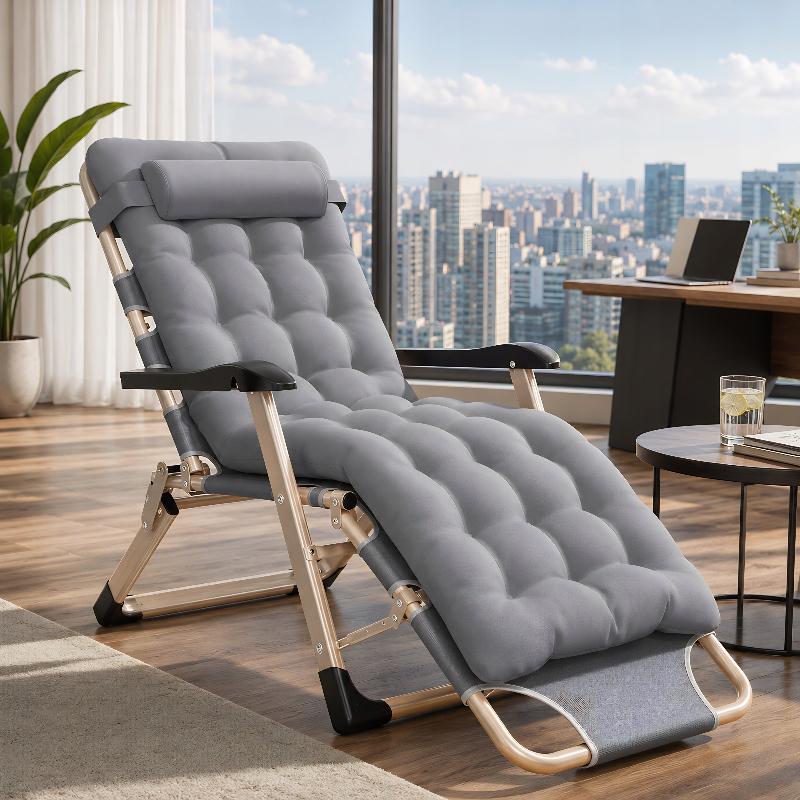 GARDEN LOUNGER BEACH CHAIR FOLDING COMFORTABLE CHAIR WITH CUSHION FOR TERRACE Frame material steel