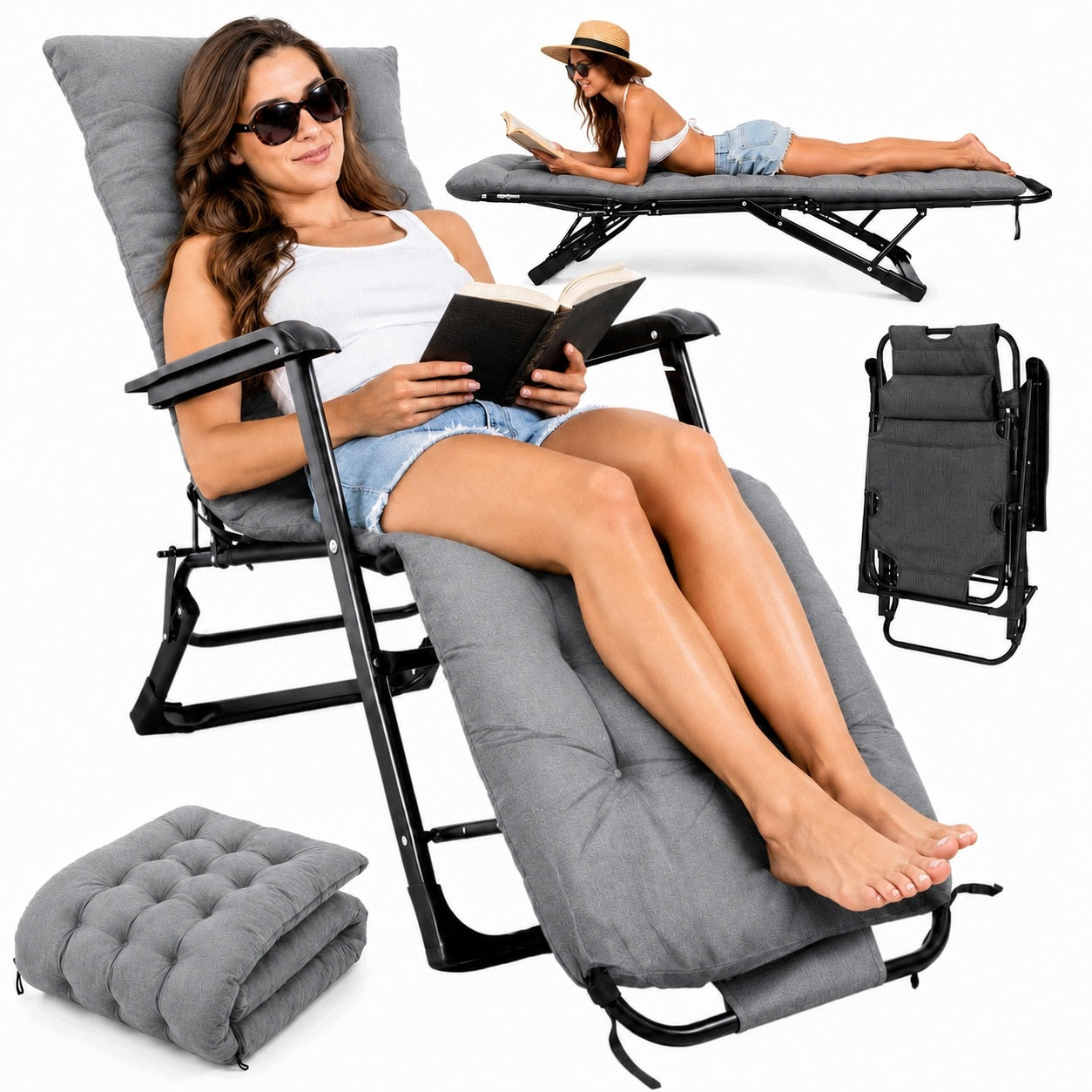 GARDEN LOUNGER FOLDING CHAIR RECLINING BALCONY CHAIR 2in1 WITH PILLOW