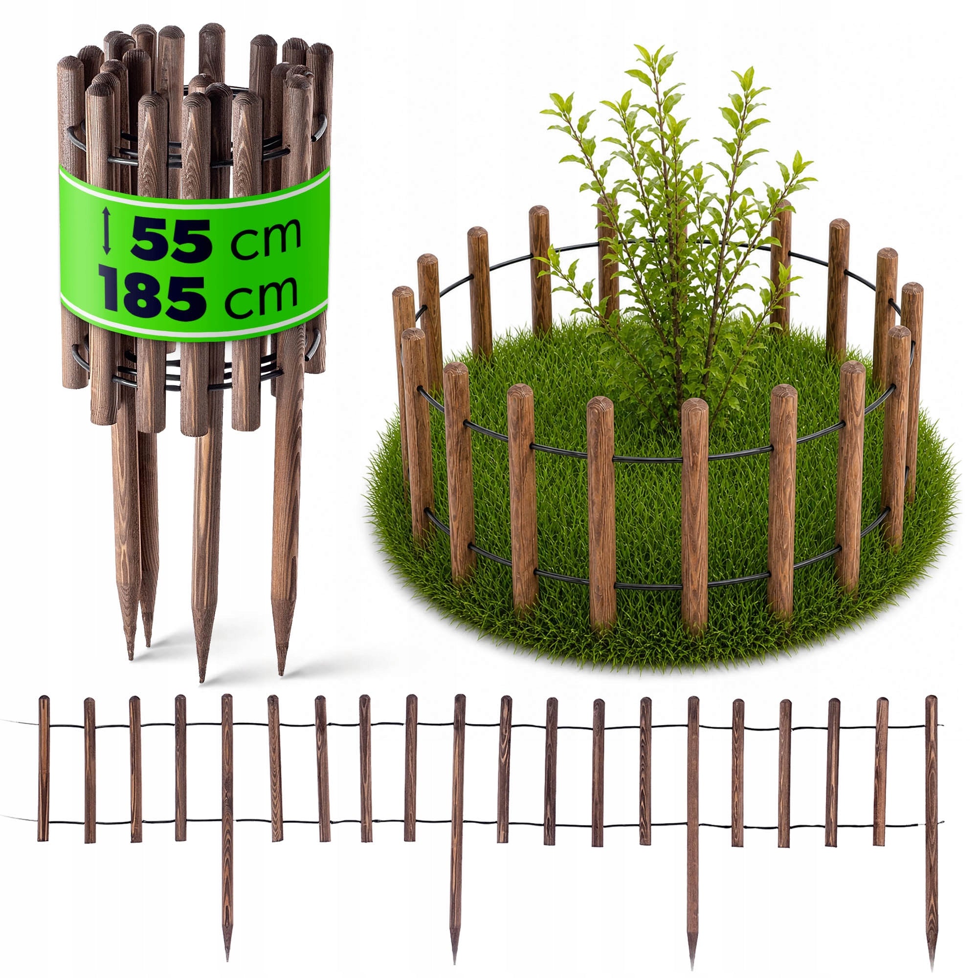 GARDEN PALISADE 185 cm GARDEN EDGING FENCE WOODEN LAWN BRONZE