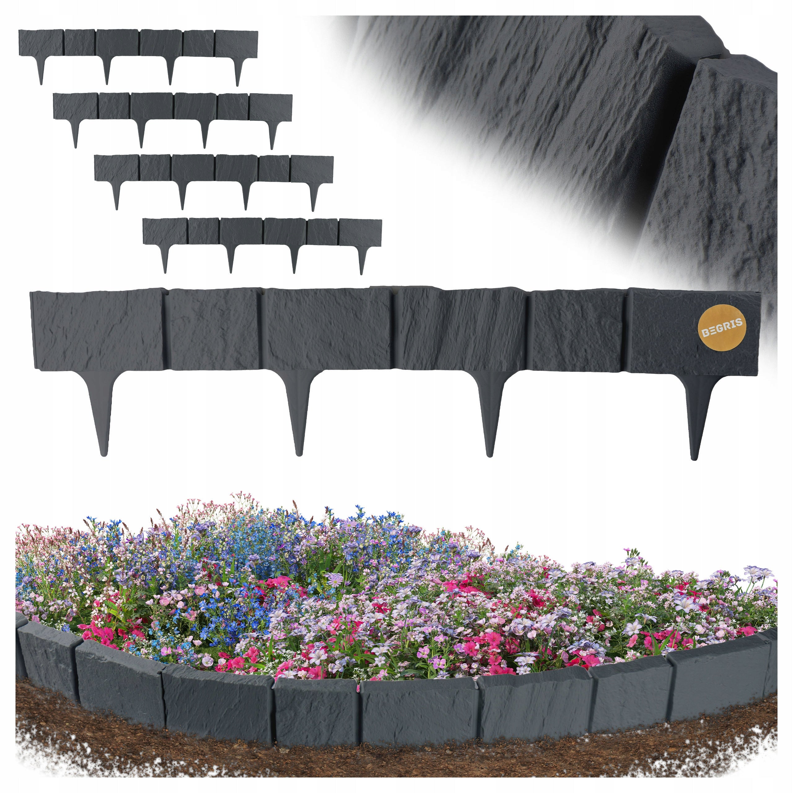 GARDEN PALISADE LAWN EDGING 390CM ANTHRACITE STONE