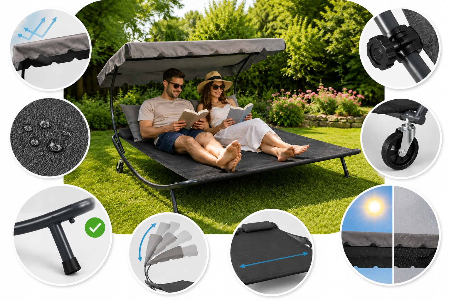 GARDEN SUN LOUNGER BEACH GREY FOR 2 PEOPLE LARGE COUCH with Canopy Packaging status original