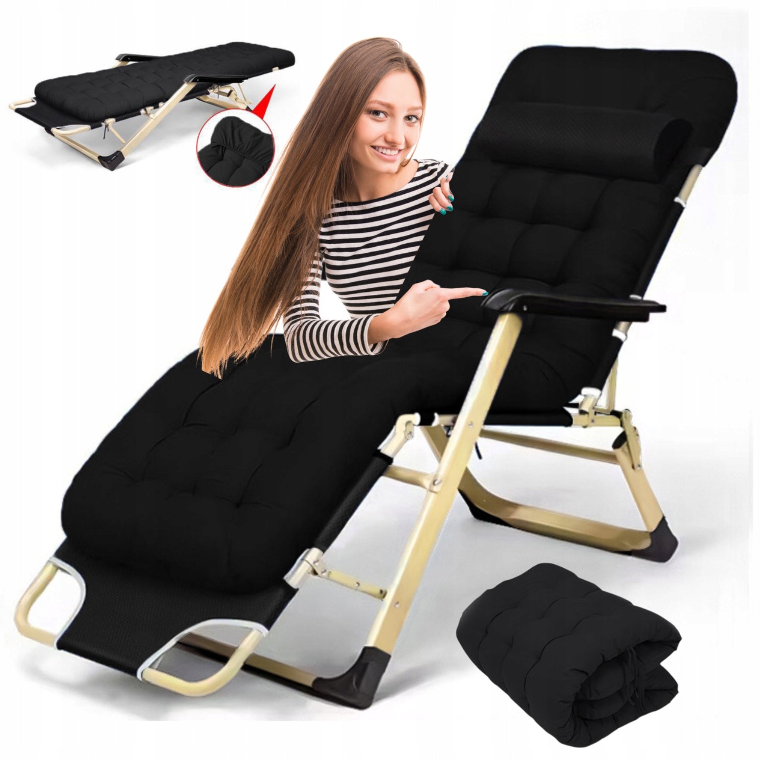 GARDEN SUN LOUNGER DC01-GD-BK BEACH PILLOW FOLDING BLACK IDEALGarden