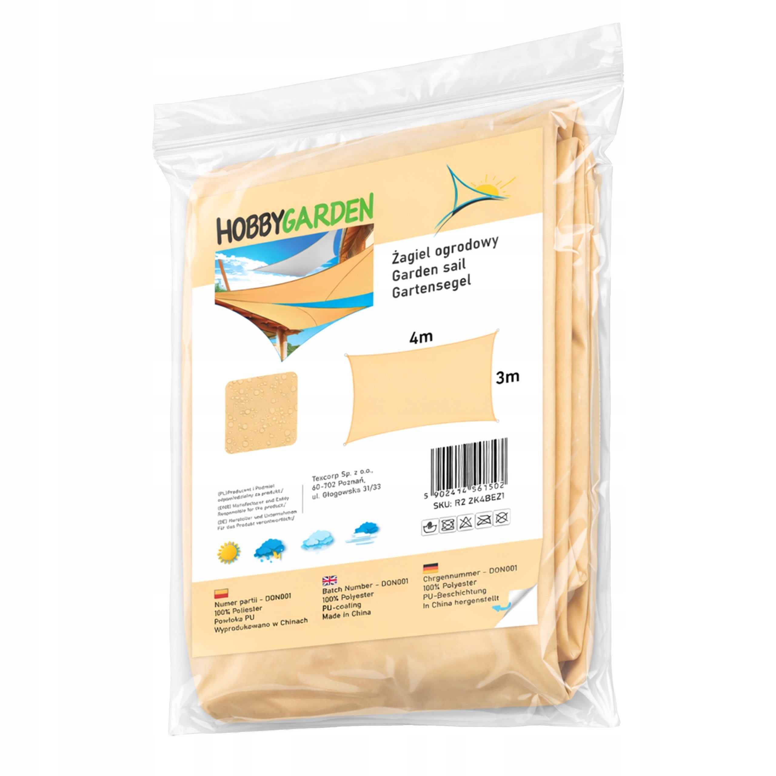 GARDEN SUN SAIL 4x3 m - Rectangular Shader Waterproof Manufacturer code R2 ZK4BEZ1