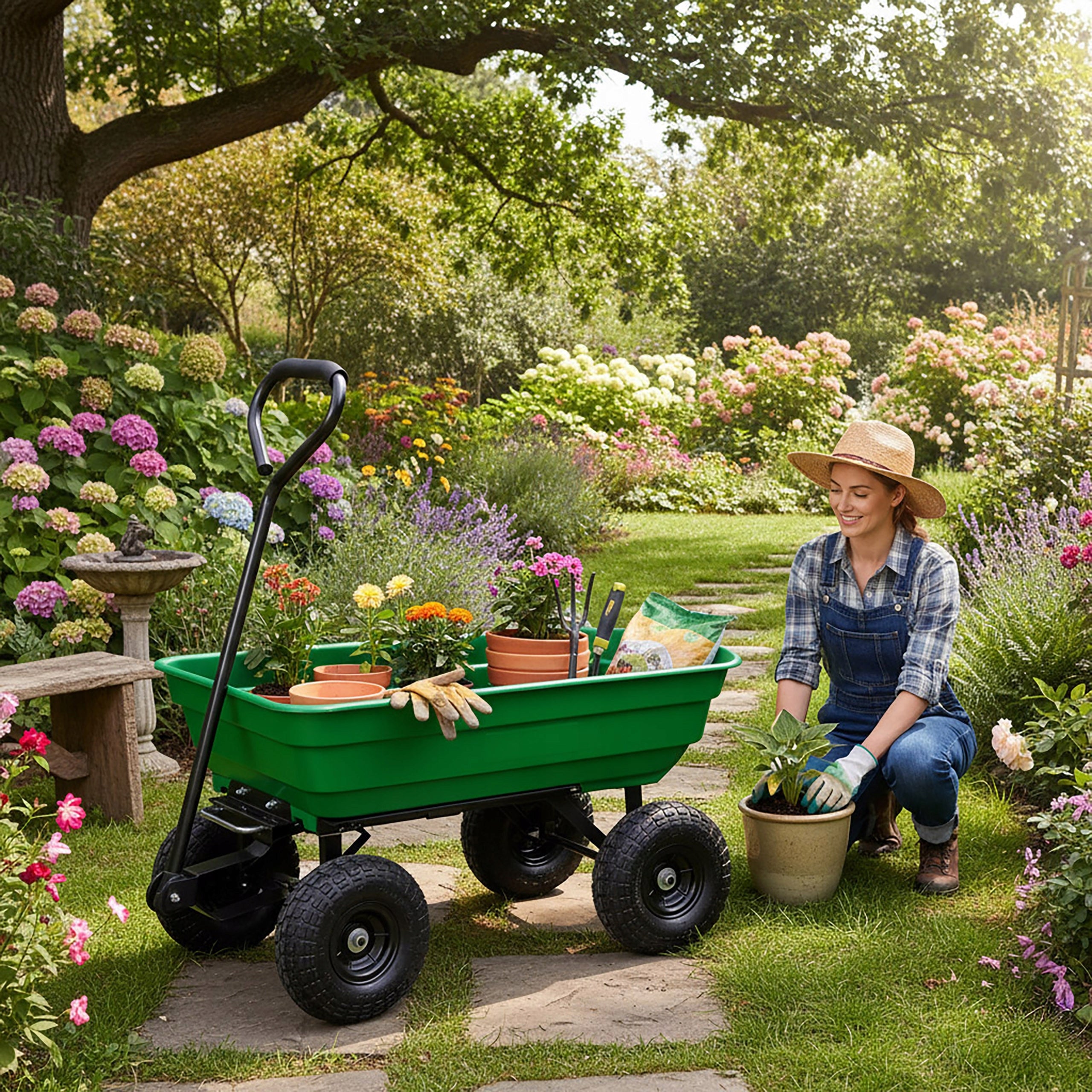 GARDEN TRANSPORT TROLLEY FOR GARDEN TIPPER WHEELBARROW LARGE TRAILER 300kg Capacity 75 l