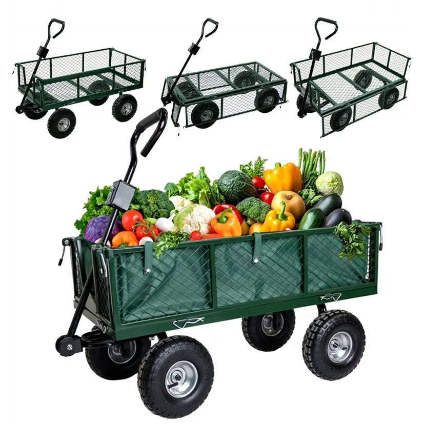 GARDEN TROLLEY TRAILER WHEELBARROW GREEN TARPAULIN 100L 400KG TRANSPORT