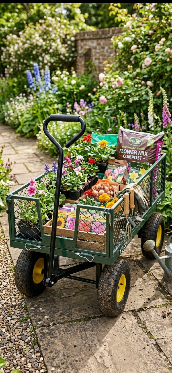 GARDEN TROLLEY TRANSPORT TRAILER WHEELBARROW 3in1 FOLDING SIDES LARGE WHEELS Wheels number 4