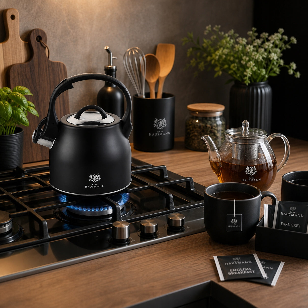 GAS KETTLE 2,3L BLACK WITH WHISTLE + HANDLE INDUCTION STEEL Packaging status original
