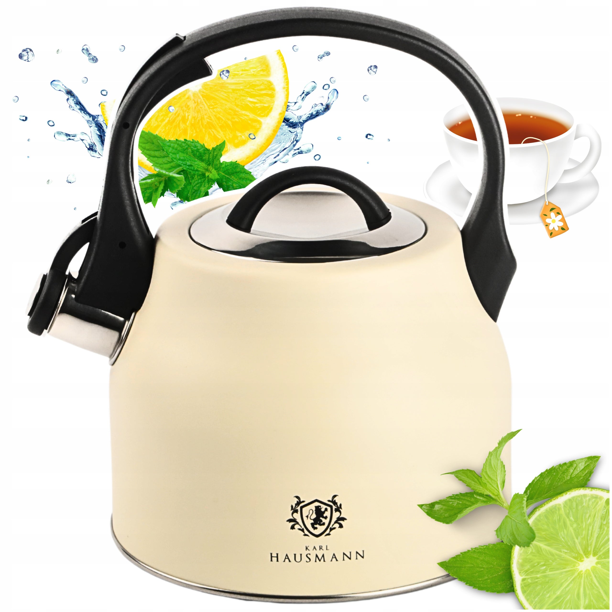 GAS KETTLE 2,3L CREAM WITH WHISTLE +HANDLE INDUCTION STEEL