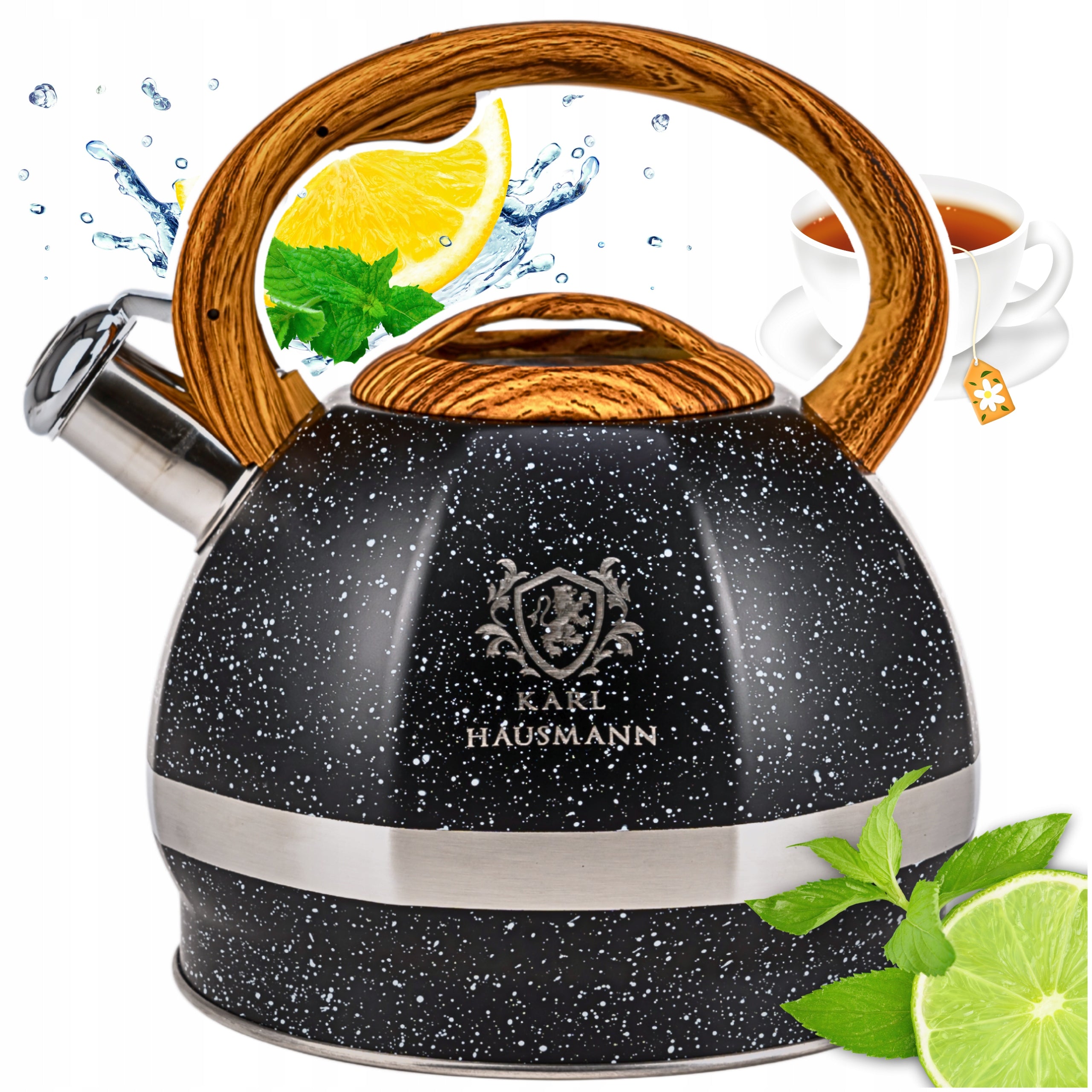 GAS KETTLE BLACK 3L WITH WHISTLE COVER STEEL INDUCTION MARBLE