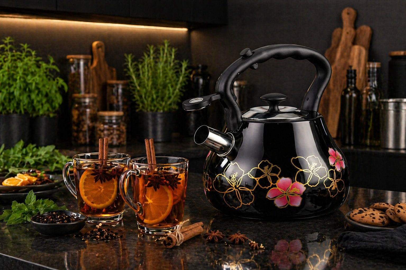 GAS Kettle Steel with Whistle 3L Traditional Induction BLACK with Flowers Brand Hauspremium