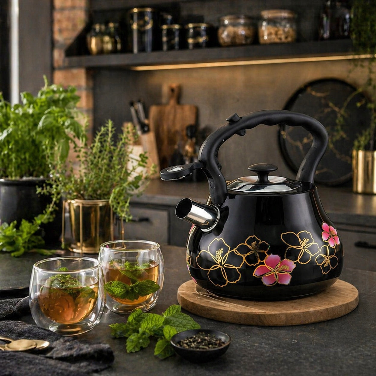GAS Kettle Steel with Whistle 3L Traditional Induction BLACK with Flowers Manufacturer code hr737-1
