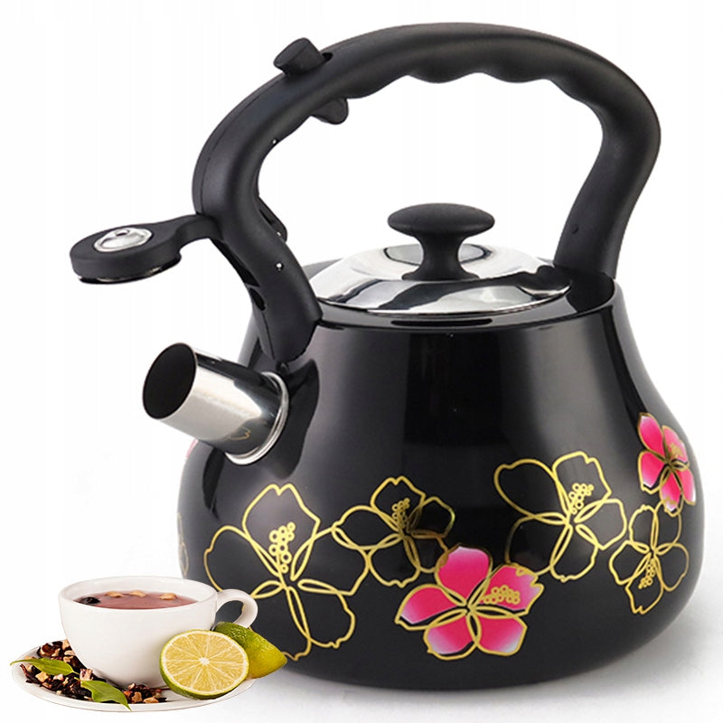 GAS Kettle Steel with Whistle 3L Traditional Induction BLACK with Flowers