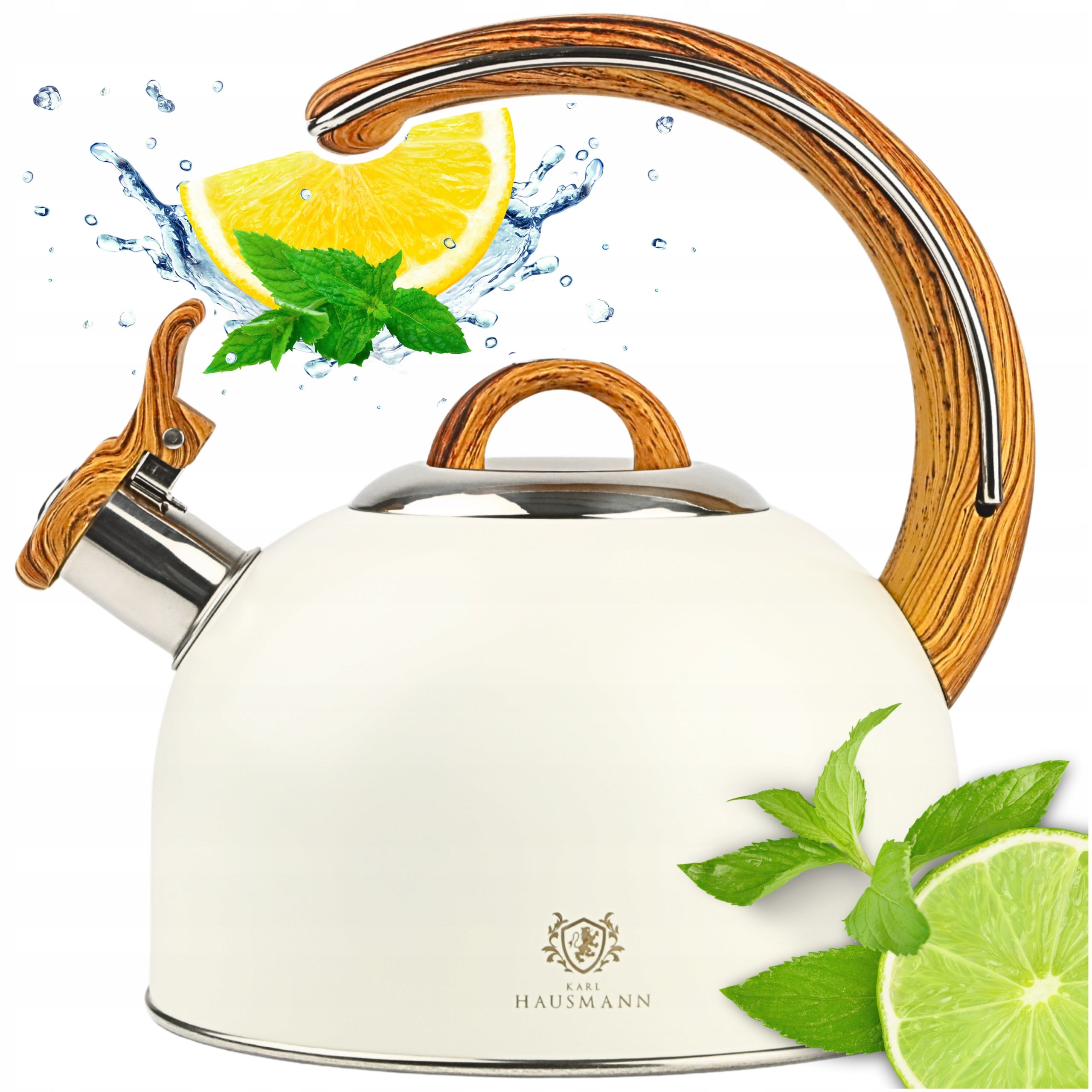 GAS STEEL KETTLE 3L CREAM WITH WHISTLE WOOD-LIKE HANDLE INDUCTION