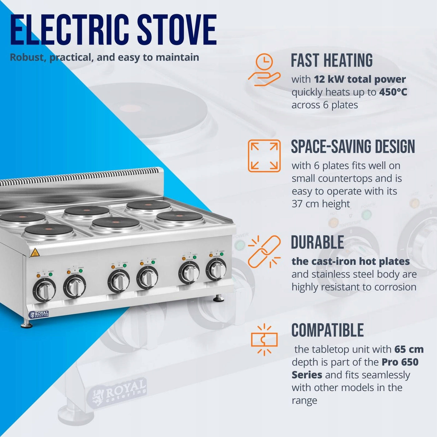 GASTRONOMIC ELECTRIC COOKER - 12 KW - 6 BURNERS - 90 X 65 CM - Model RCES-120/700-6B