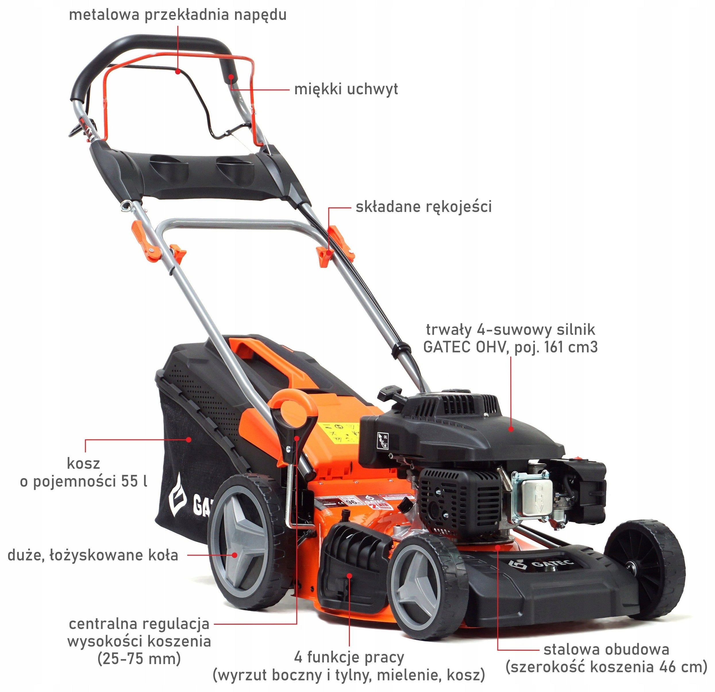 GATEC petrol lawn mower with drive / 46 cm, 161 cm3, 4in1, cast iron sleeve Packaging status original