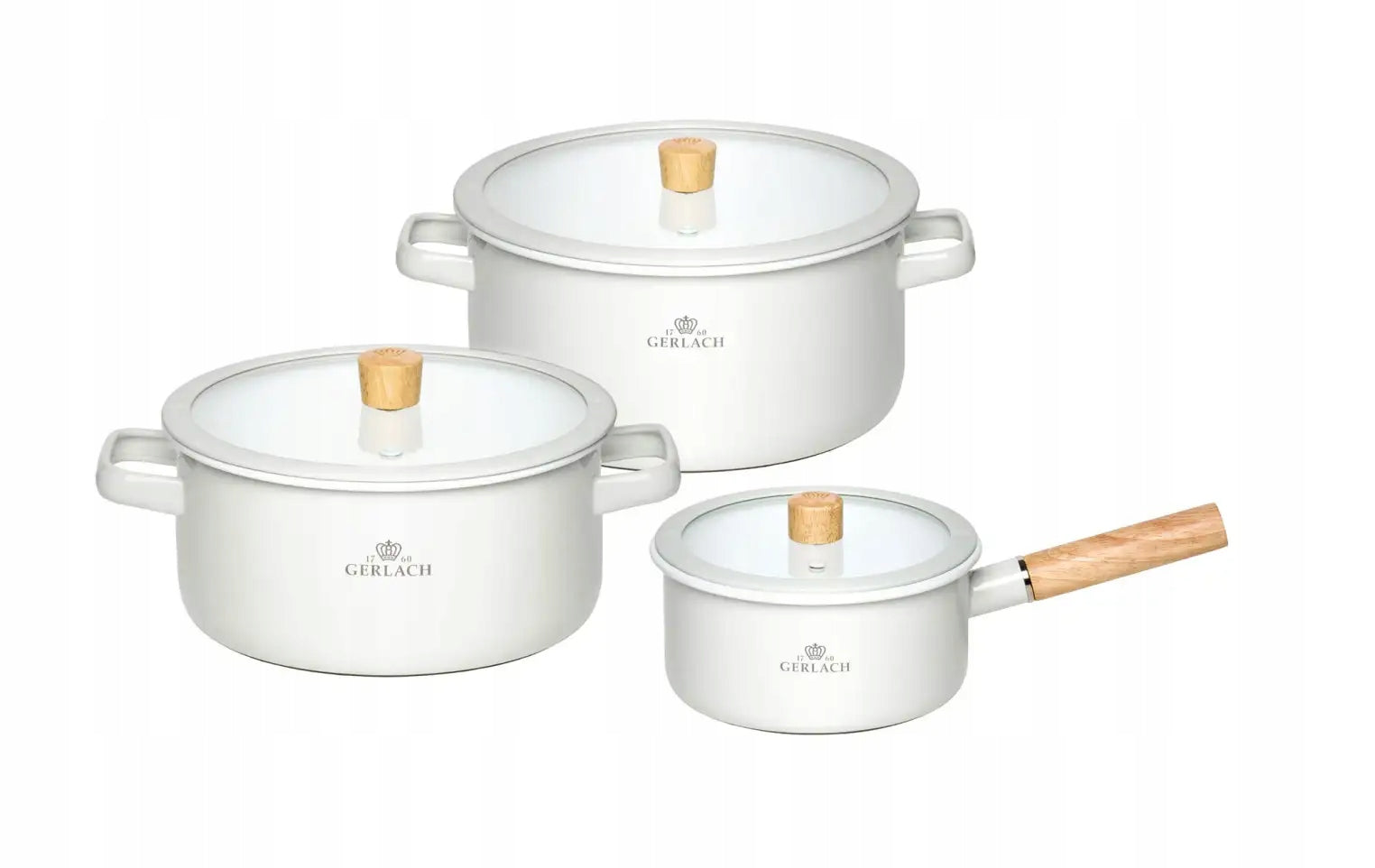 GERLACH NATUR ENAMEL POT SET WITH LIDS 6EL WHITE ENAMEL INDUCTION Packaging status original