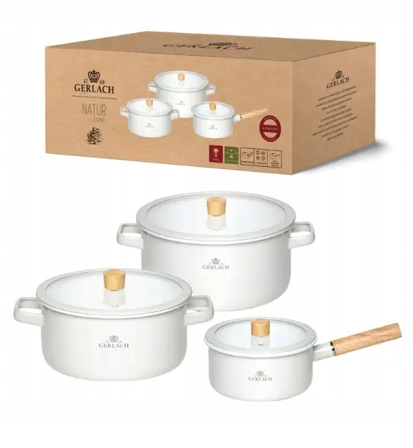 GERLACH NATUR ENAMEL POT SET WITH LIDS 6EL WHITE ENAMEL INDUCTION