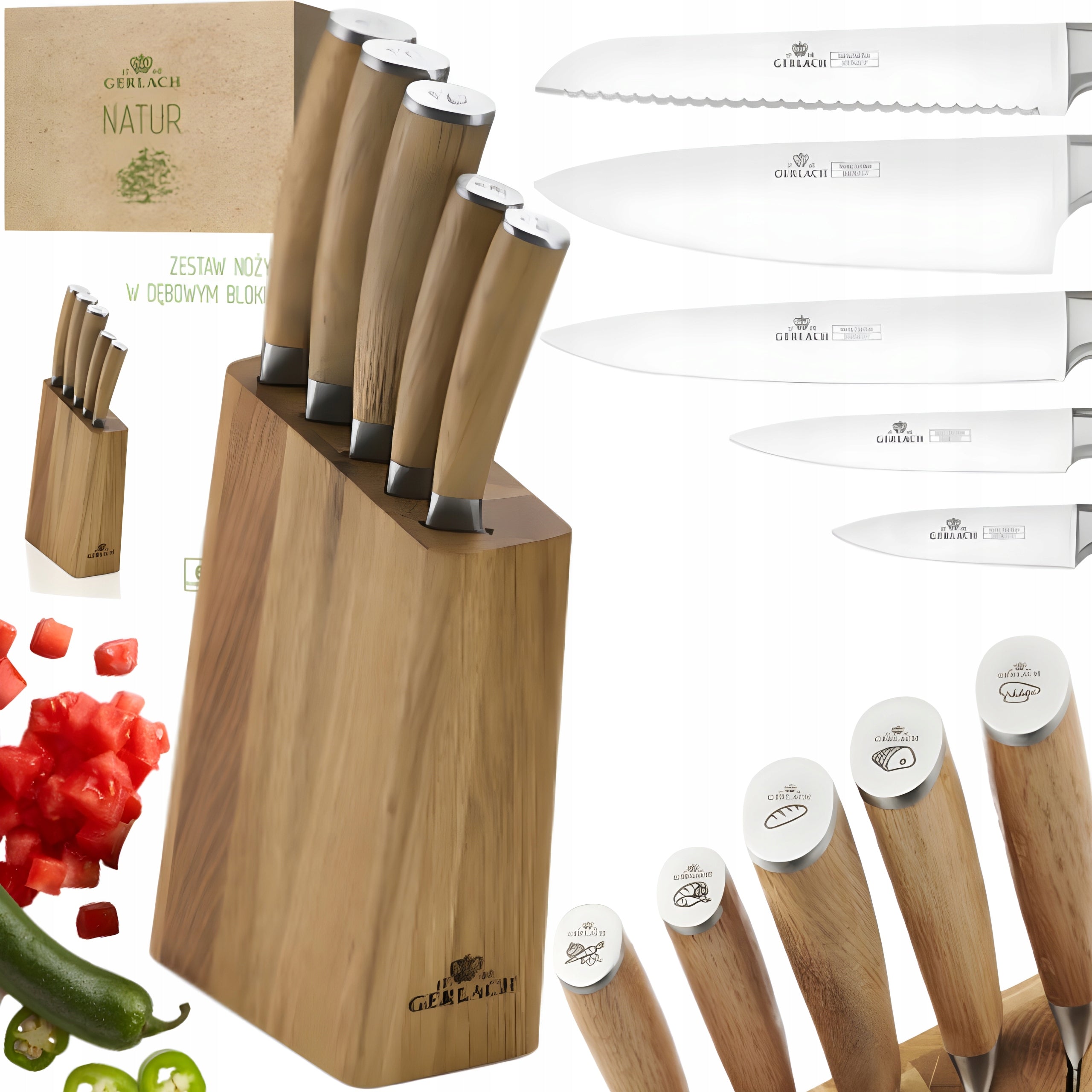GERLACH SET OF 5 SHARP STEEL KNIVES BOSS IN A WOODEN BLOCK OF NATURE