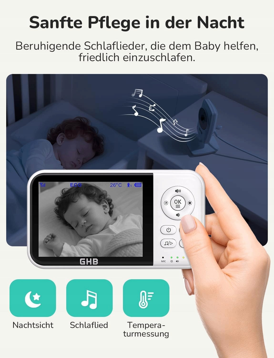 GHB Babyphone with camera, baby monitor, 3,2-inch LCD display, Brand GHB