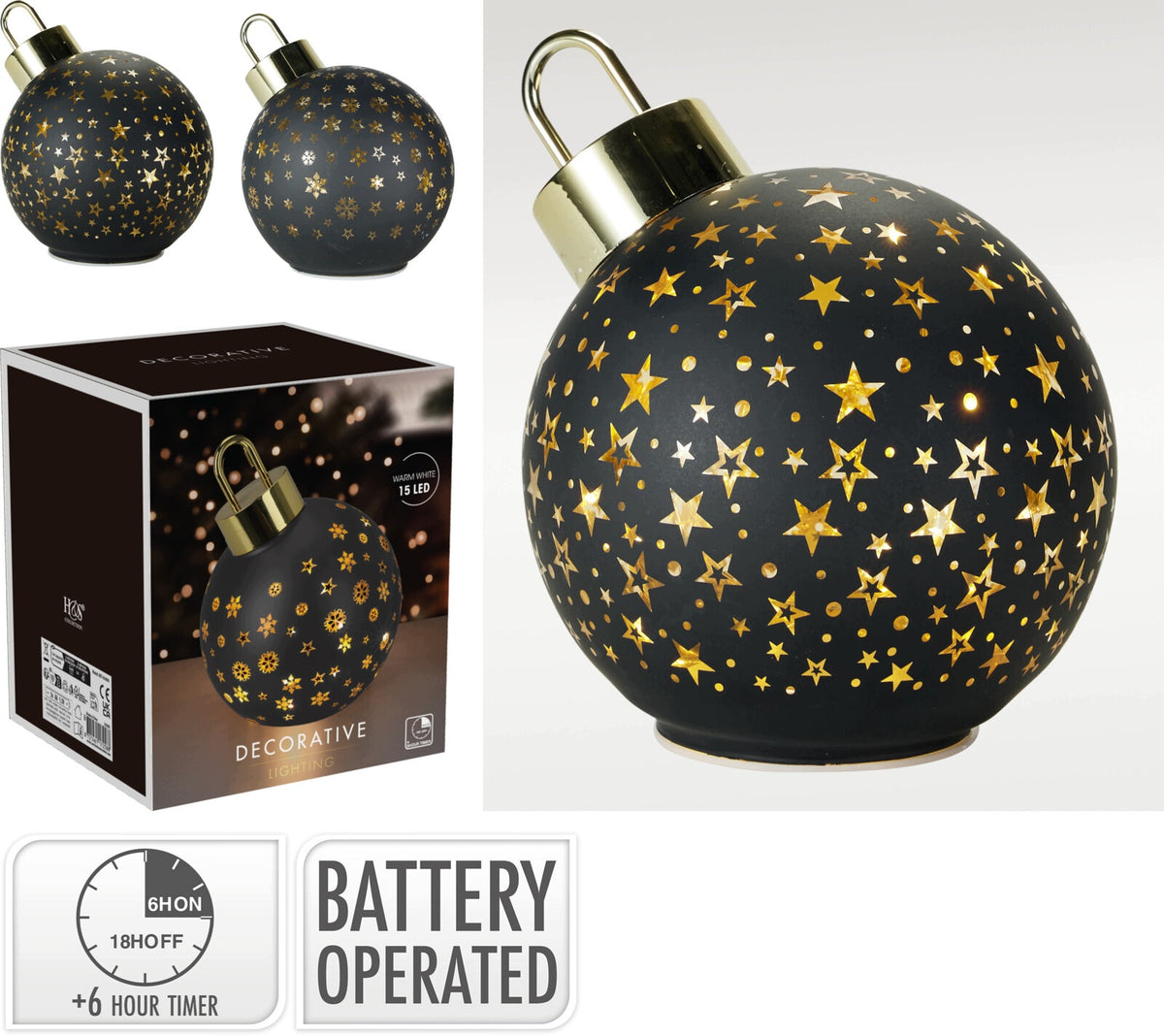 GLASS BALL LED BAUBLE WITH PATTERN – 15 cm