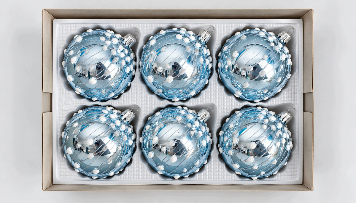 GLASS CHRISTMAS BALLS RICHLY DECORATED BLUE 8 CM 6 PIECES