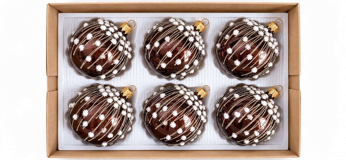 GLASS CHRISTMAS BALLS RICHLY DECORATED DARK BROWN DECOR 8 CM 6PCS