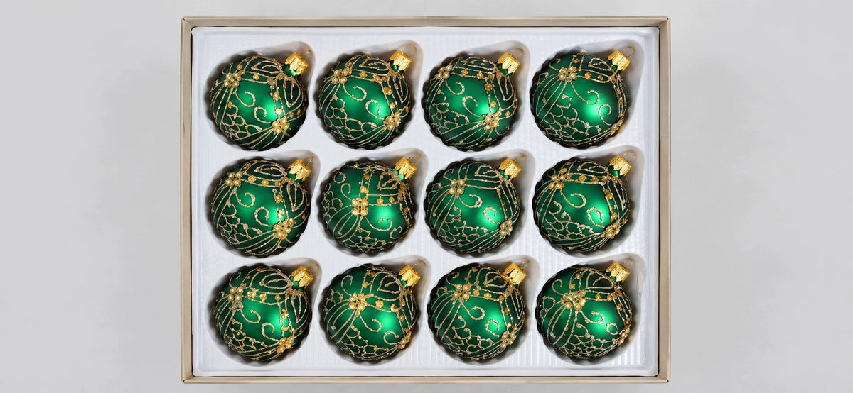 GLASS CHRISTMAS TREE BAUBLES DARK GREEN RICHLY DECORATED 6 CM 12 PIECES
