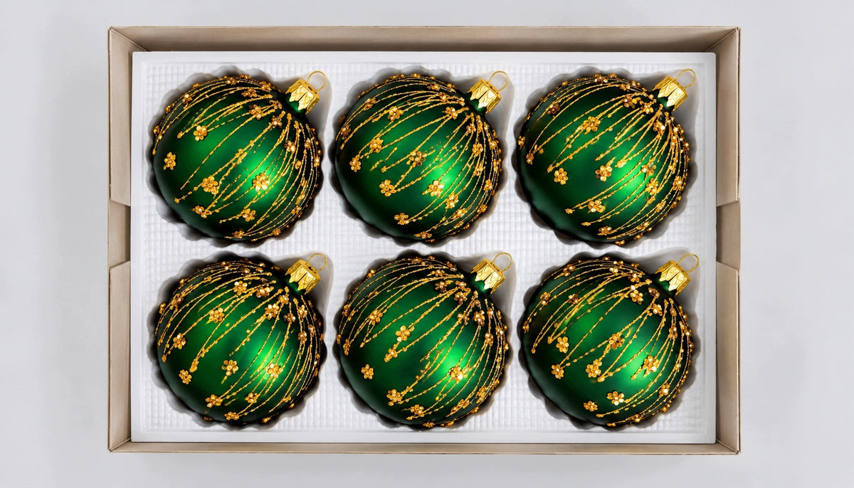 GLASS CHRISTMAS TREE BAUBLES EMERALD GREEN RICHLY DECORATED 8 CM 6 PCS
