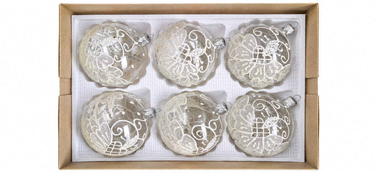GLASS CHRISTMAS TREE BAUBLES LACE WHITE RICHLY DECORATED 8 CM 6PCS