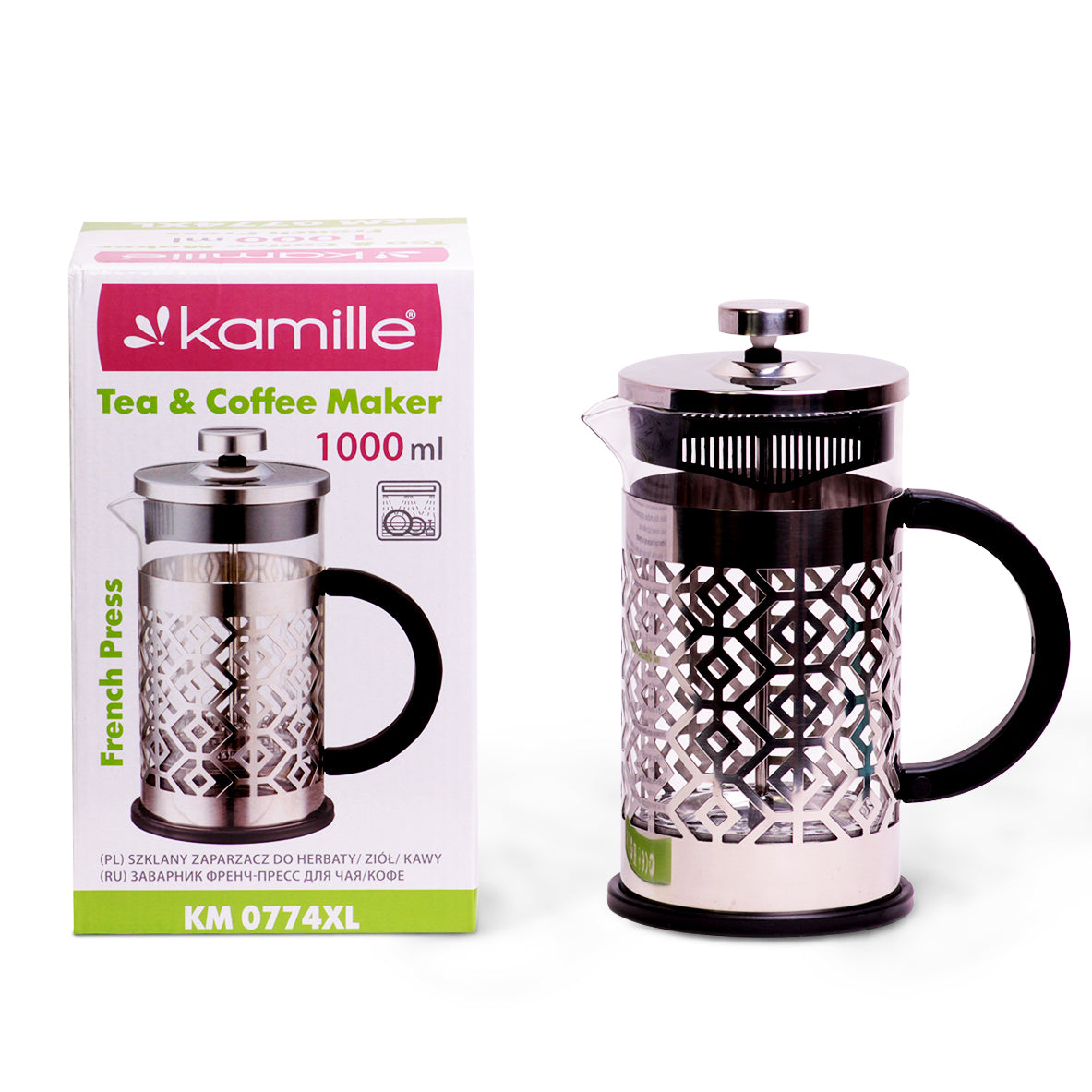 GLASS PISTON INFUSER 1000 ml COFFEE MAKER TEA POT KAMILLE Packaging status original