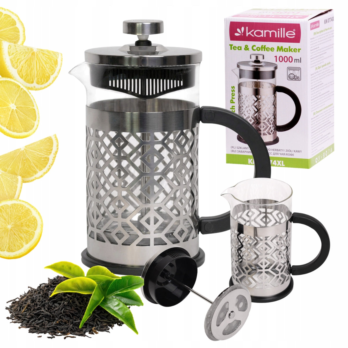 GLASS PISTON INFUSER 1000 ml COFFEE MAKER TEA POT KAMILLE