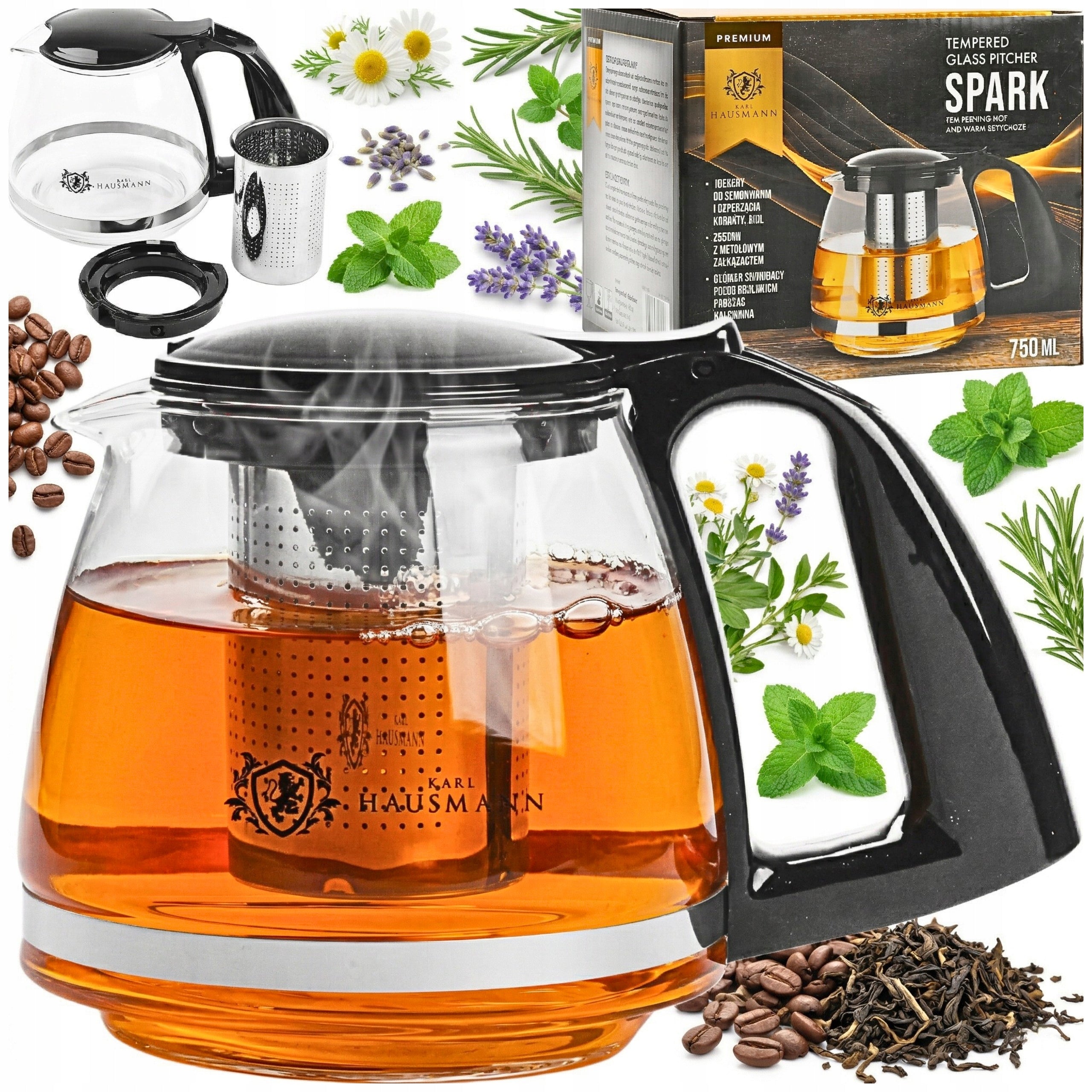 GLASS TEA POT FOR COFFEE HERBS WITH INFUSER 750ML HEAT-RESISTANT INFUSIONS