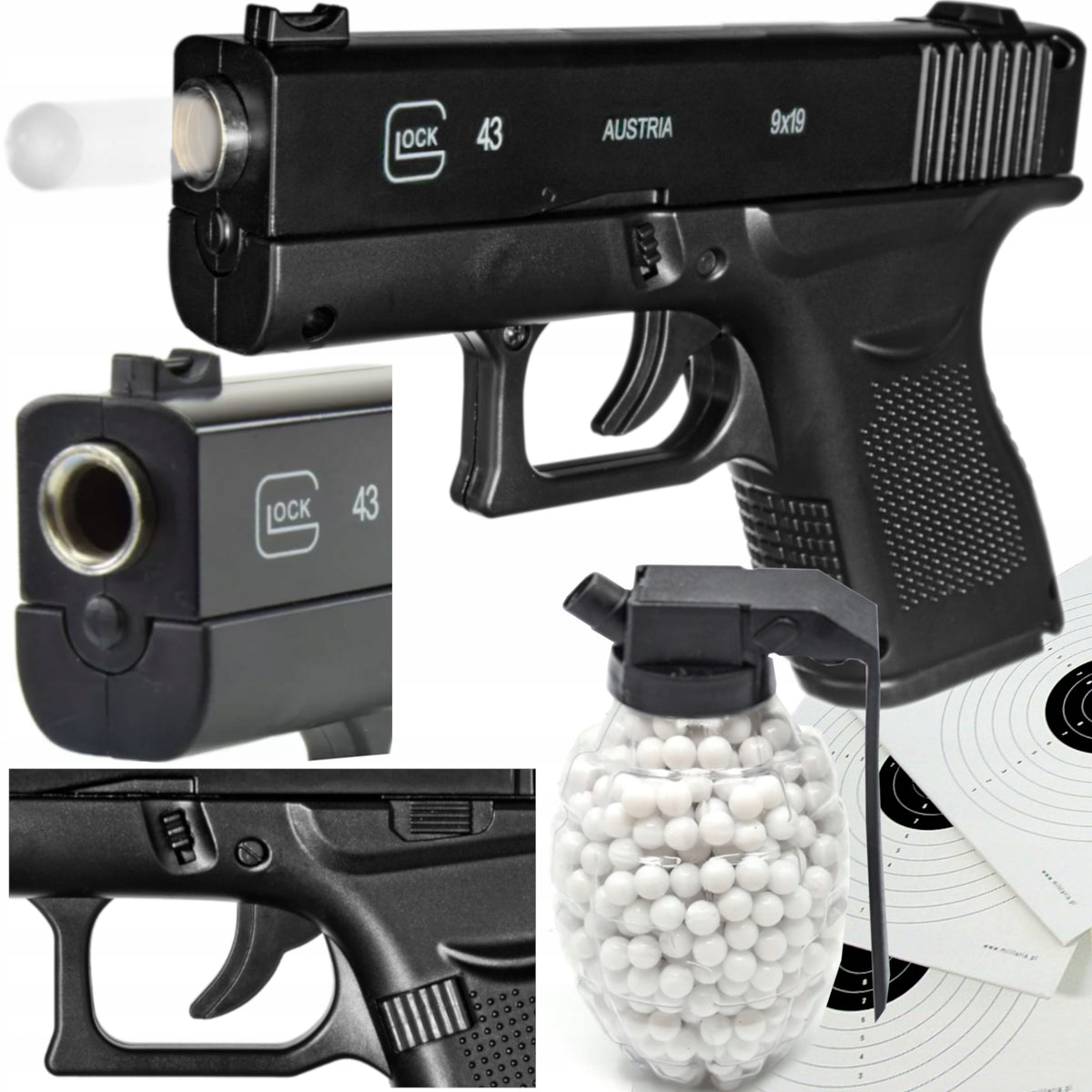 GLOCK 43 METAL GUN FOR BALLS 6MM REPLICA ASG + GRENADE 800 PCS BALLS